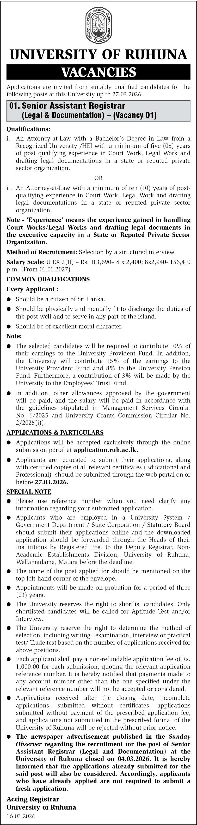 Senior Assistant Registrar header image