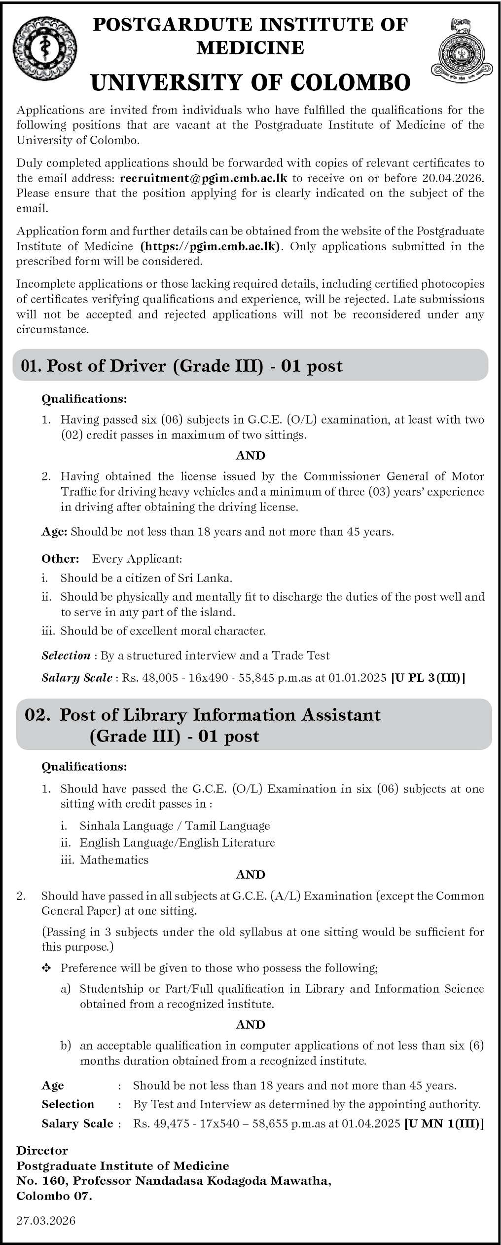 Post of Library Information Assistant (Grade III)-01 post header image