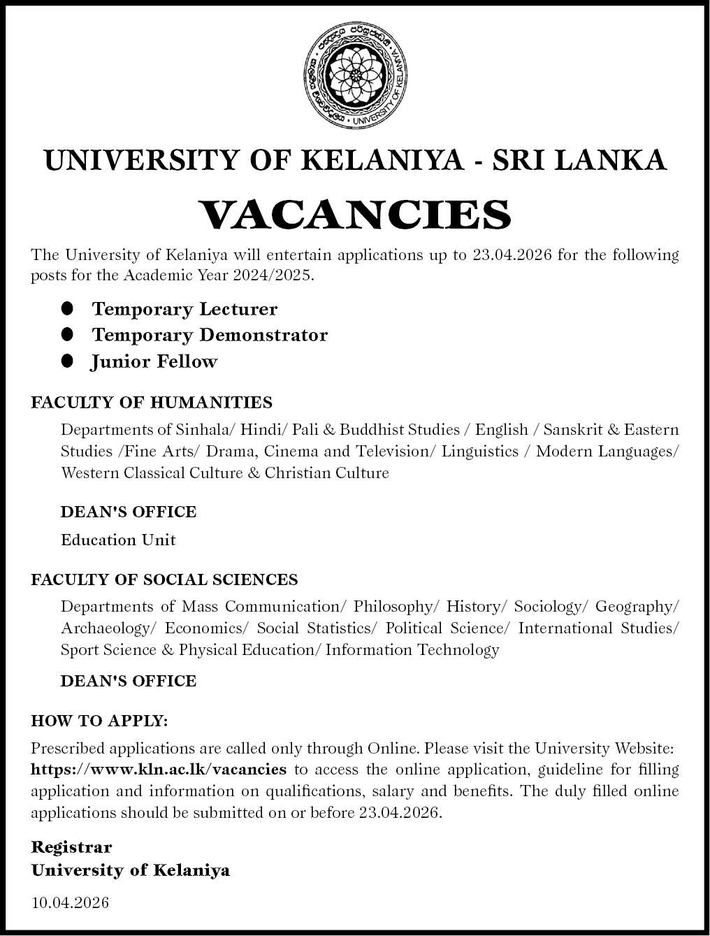 Temporary Demonstrator- Faculty of Humanities header image