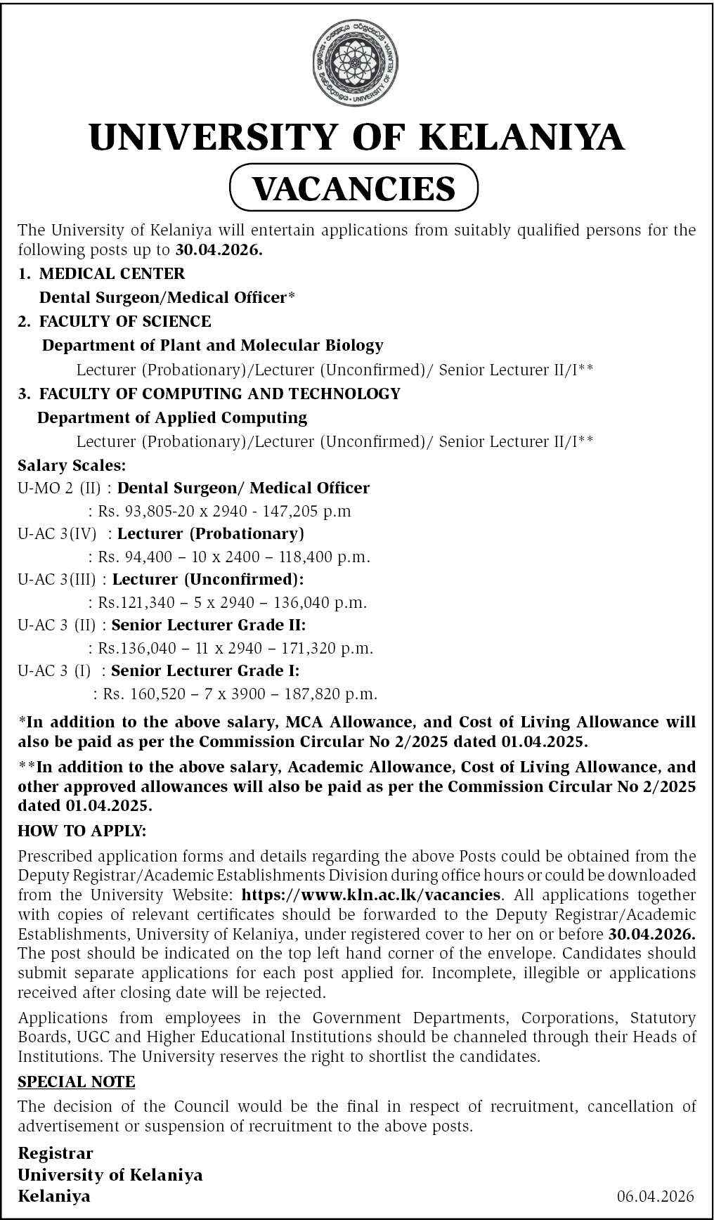 Lecturer(Probationary/Unconfirmed)/Senior Lecturer(II/I**) - Department of Plant and Molecular Biology header image