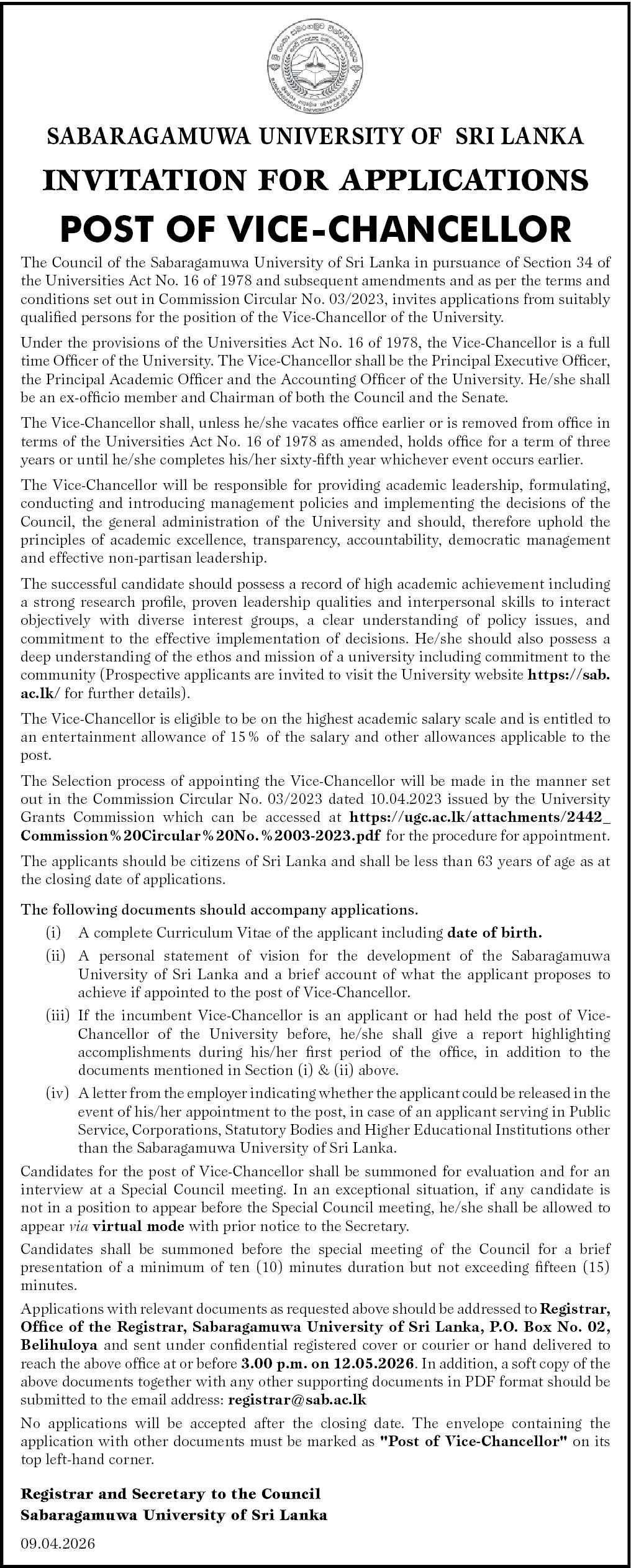 Post of Vice Chancellor  header image