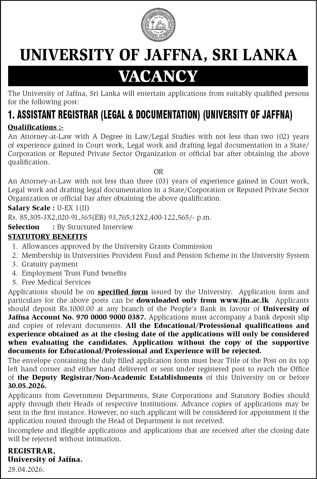 Assistant Registrar(Legal & Documentation) header image