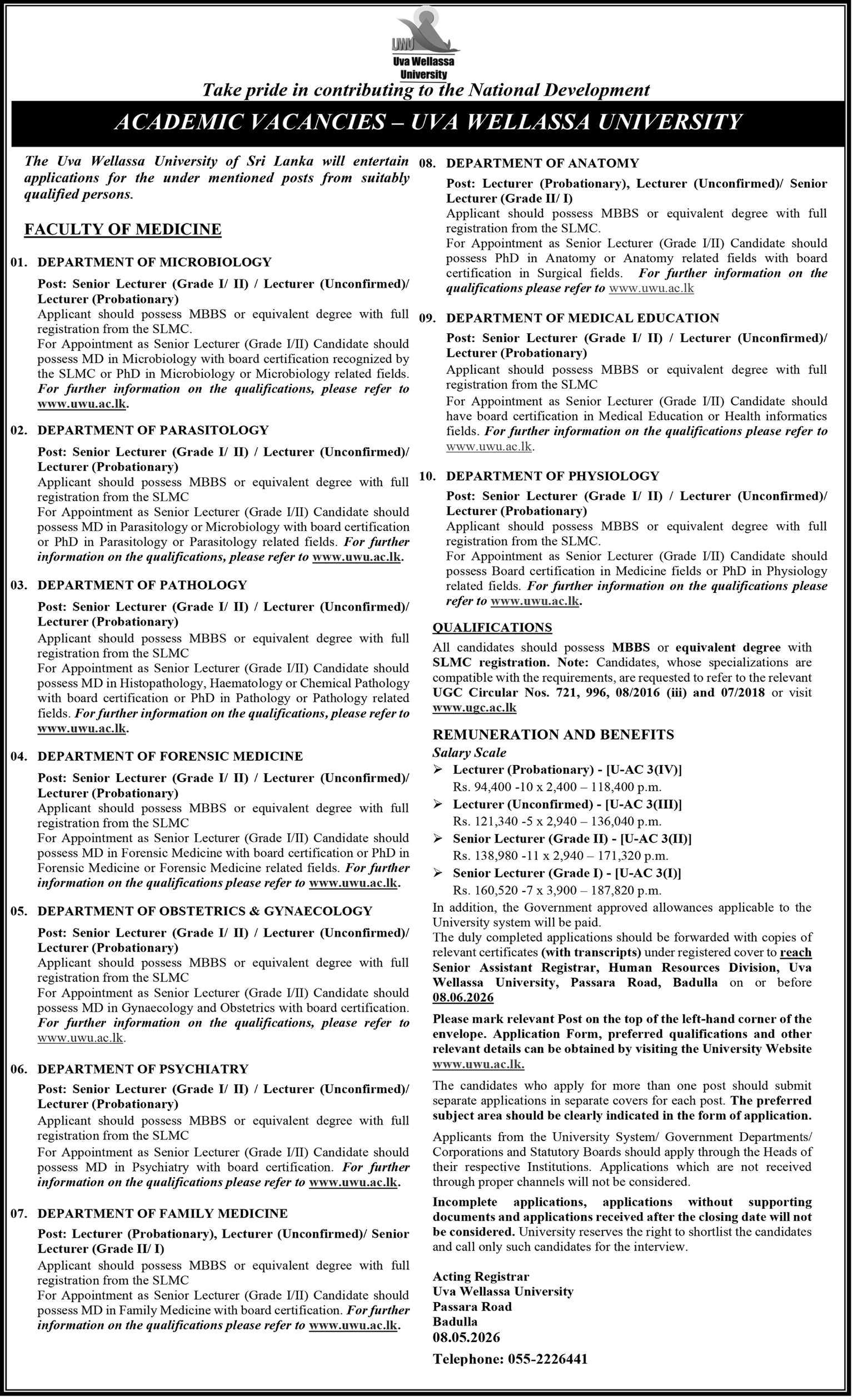 Senior Lecturer (Grade I/II)/Lecturer(Unconfirmed/Probationary) - Department Of Microbiology header image