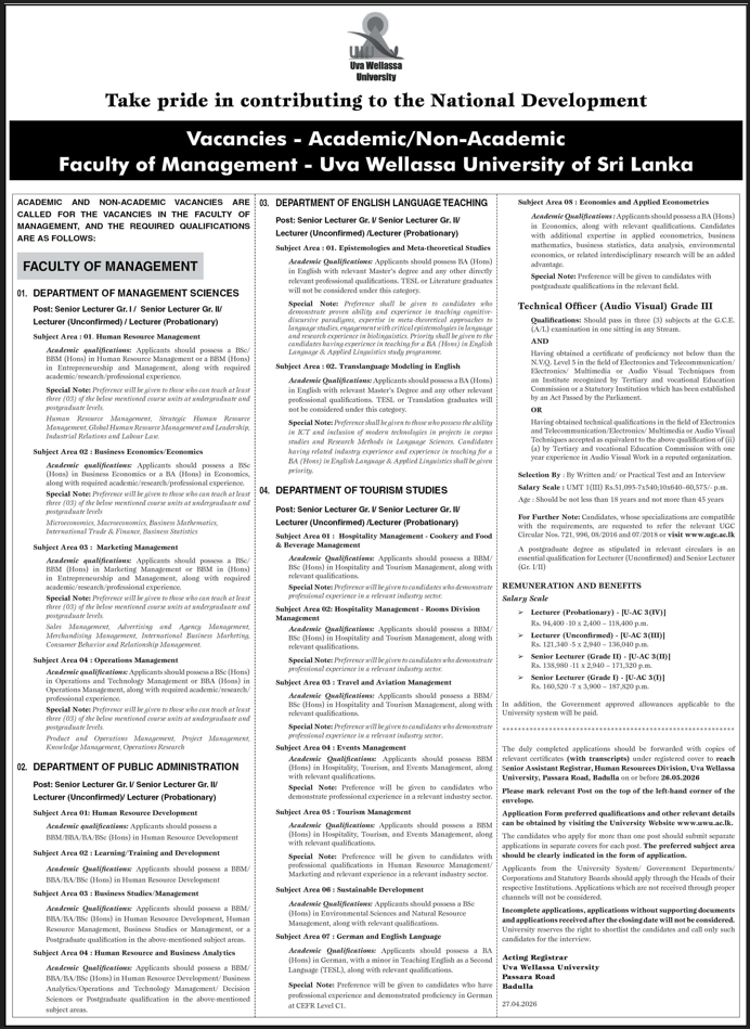 Senior Lecturer (Grade I/II)/Lecturer(Unconfirmed/Probationary) - Department Of public administration header image