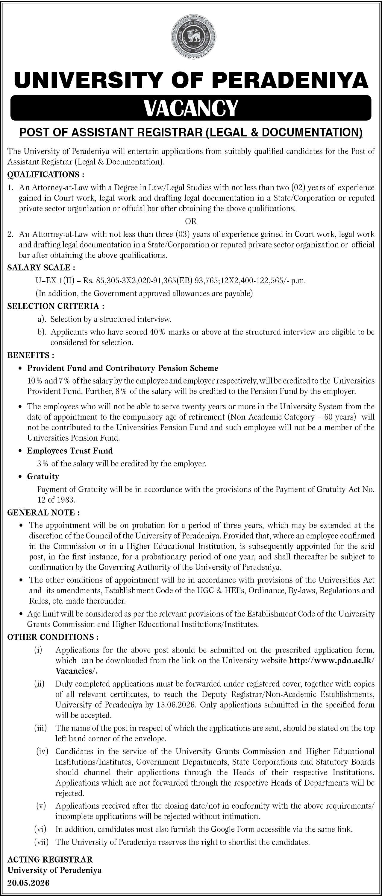 ASSISTANT REGISTRAR (LEGAL & DOCUMENTATION) header image