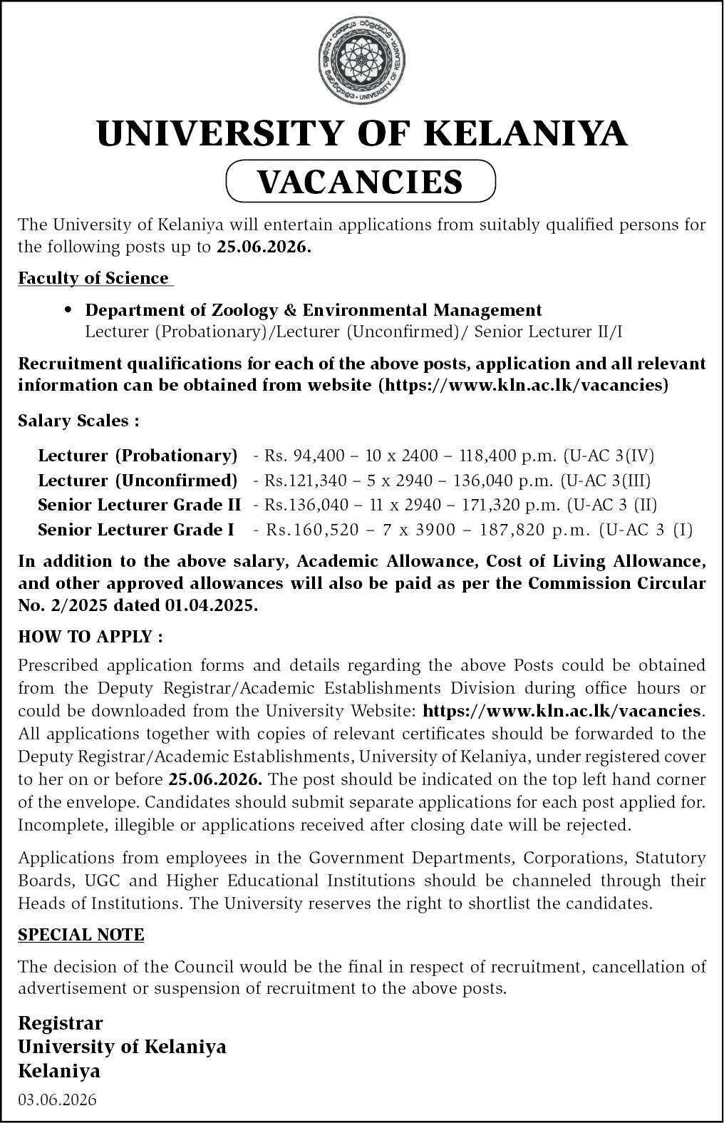 Lecturer (Probationary)/Lecturer (Unconfirmed)/ Senior Lecturer II/I of Department of Zoology & Environmental Management header image