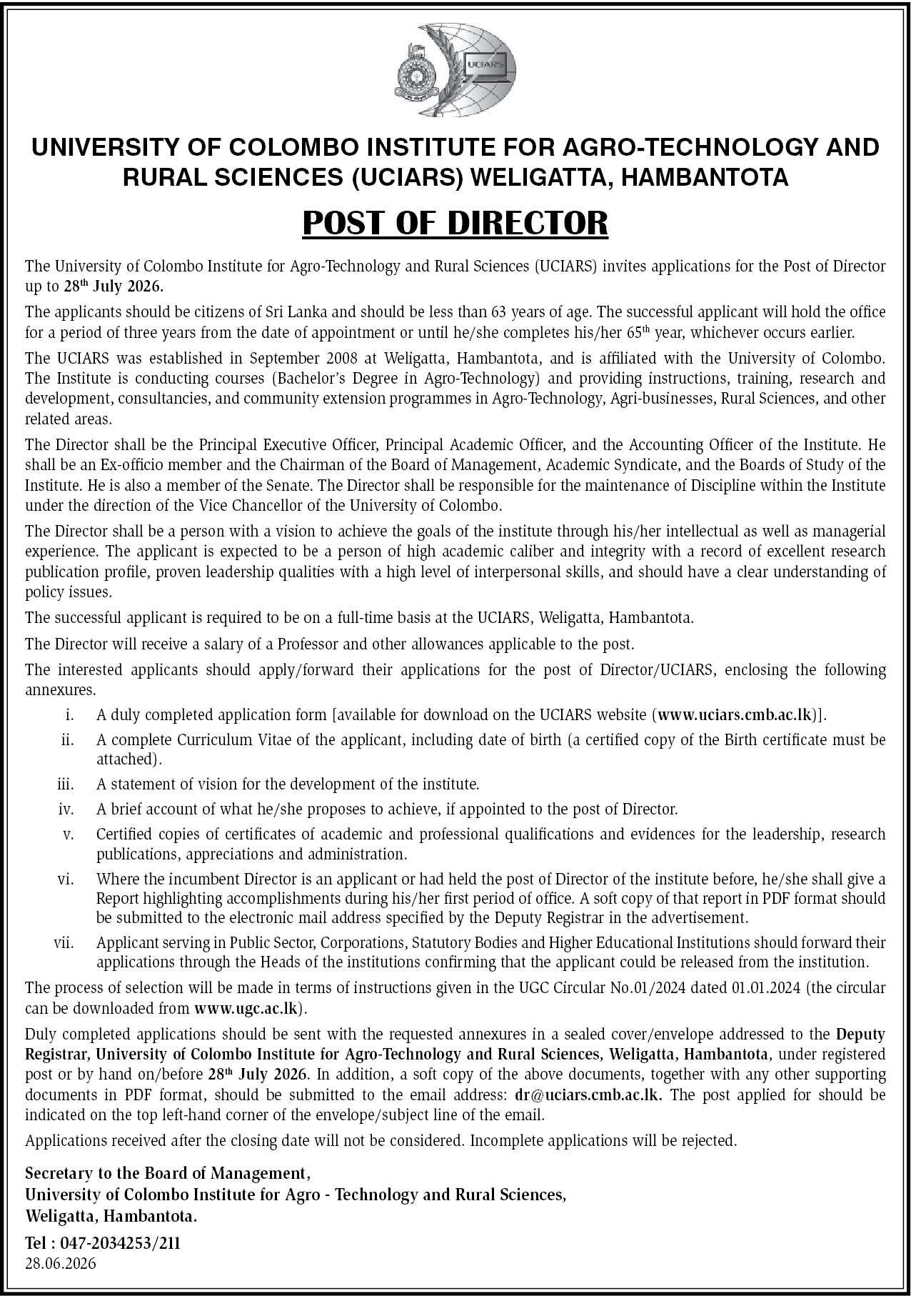 Director – University of Colombo Institute for Agro-Technology and Rural Sciences (UCIARS) header image