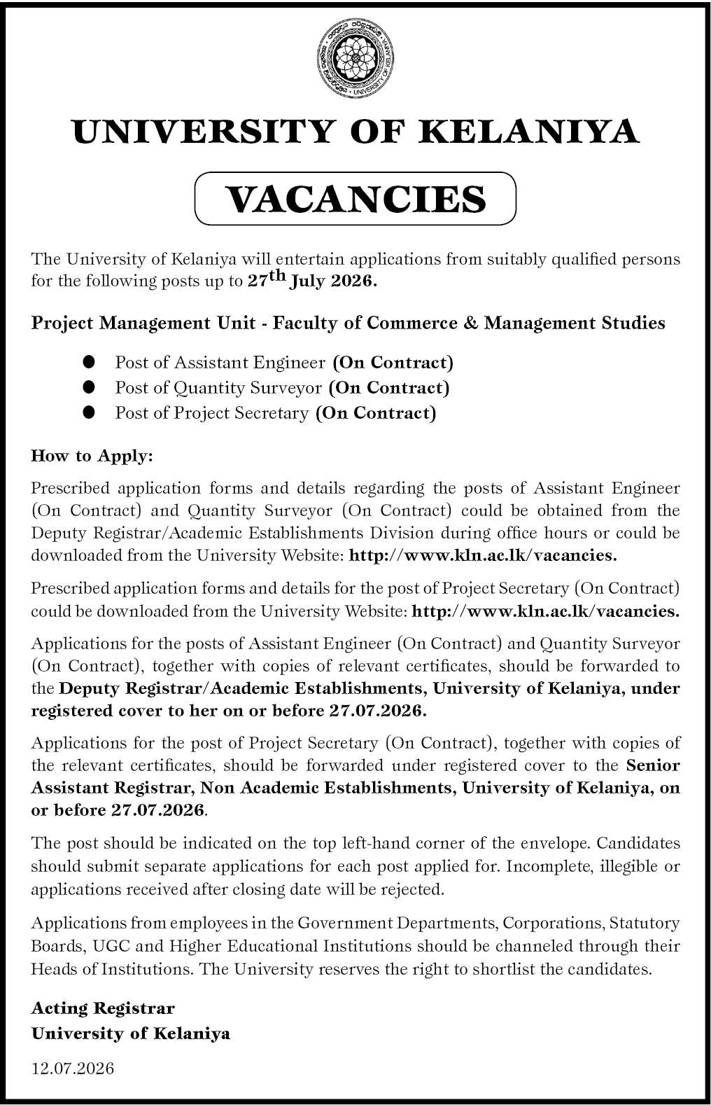 Post of Assistant Engineer (On Contract) header image